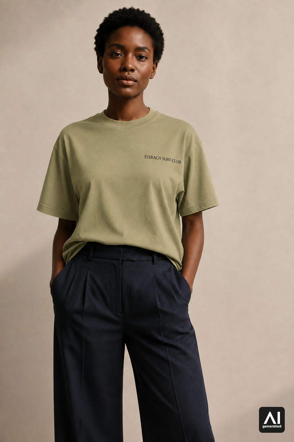Damen-T-Shirt „Eisbach Surf Club“ in Light Olive – Vorderansicht