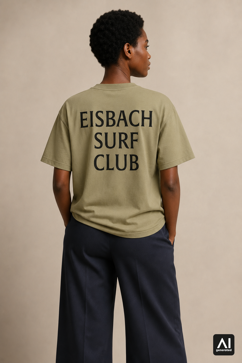 Damen-T-Shirt „Eisbach Surf Club“ in Light Olive – Rückansicht