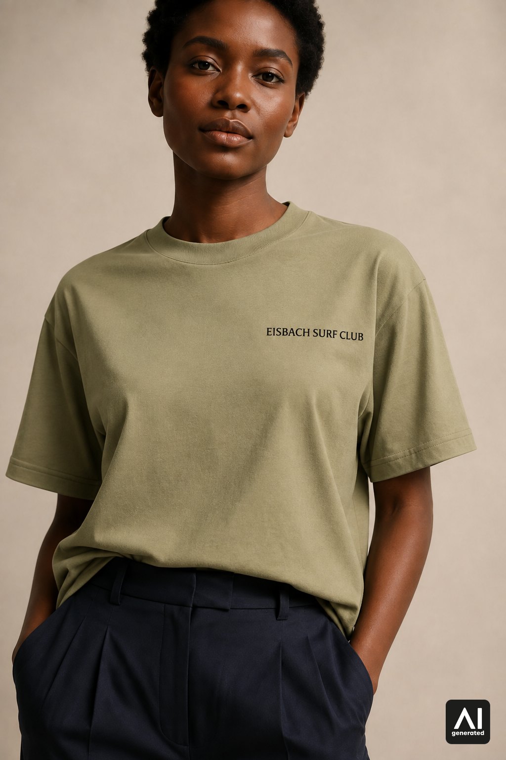 Damen-T-Shirt „Eisbach Surf Club“ in Light Olive – Detailansicht