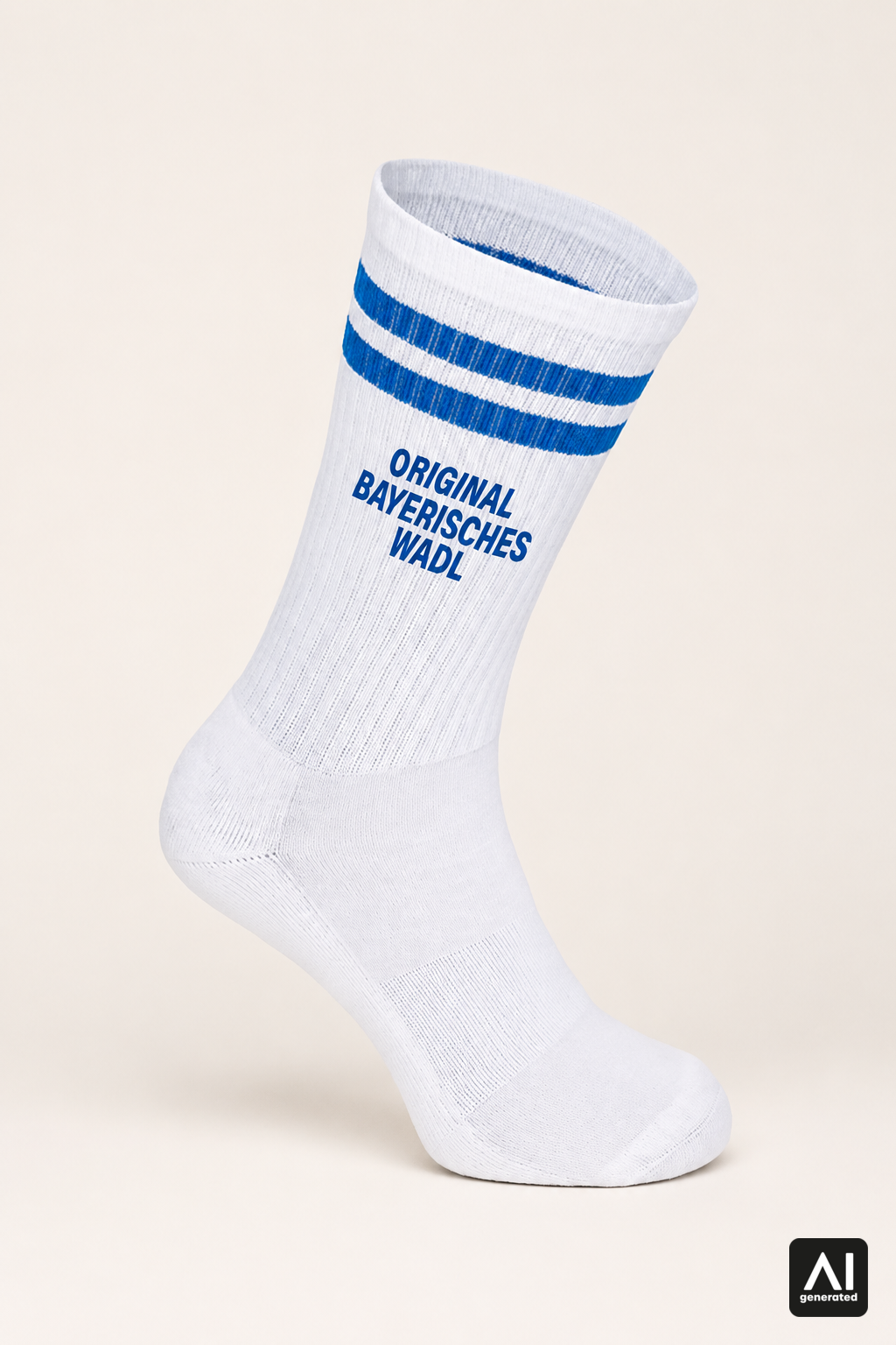 Weiße Tennissocke „Original Bayerisches Wadl“ mit navyblauen Streifen – Produktansicht